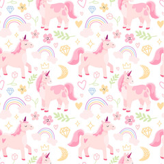 Childish seamless pattern with hand drawn unicorns, hearts, rainbow, stars, pink flowers, horses and snowflakes. Trendy cartoon kids vector background. Can be used for wallpaper, scrapbooking, textile