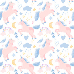 Childish seamless pattern with hand drawn blue unicorns, rainbow and hearts, horses and stars. Trendy cartoon kids vector background. Can be used for wallpaper, scrapbooking, textile, baby clothes. 