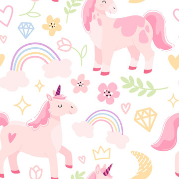 Childish seamless pattern with hand drawn unicorns, hearts, rainbow, stars, pink flowers, horses and snowflakes. Trendy cartoon kids vector background. Can be used for wallpaper, scrapbooking, textile