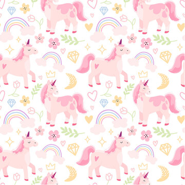 Childish seamless pattern with hand drawn unicorns, hearts, rainbow, stars, pink flowers, horses and snowflakes. Trendy cartoon kids vector background. Can be used for wallpaper, scrapbooking, textile