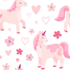 Obraz na płótnie Canvas Childish seamless pattern with hand drawn unicorns, hearts, horses and pink flowers. Trendy cartoon kids vector background. Can be used for wallpaper, scrapbooking, textile, baby clothes. 