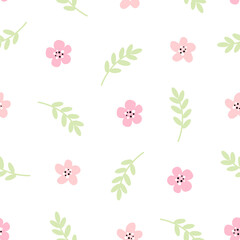Cute seamless pattern with little pink flowers and leaves  in pastel colors. Can be used for wallpaper, scrapbooking, textile, baby clothes, gift wrapping, paper. Vector illustration