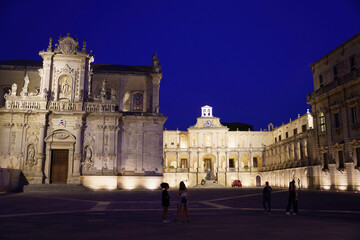 Lecce, Apulia, Italy: historic buildings in the cathedral square by night