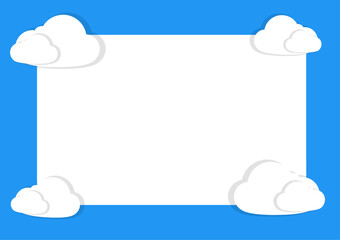 The background is decorated with clouds on the edge