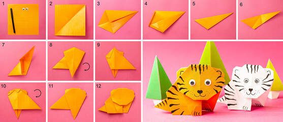 Step-by-step photo instruction on how to make a tiger figurine out of paper with your own hands. Simple crafts with children. Origami diy - obrazy, fototapety, plakaty