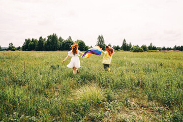 Homosexual couple holding lgbt flag, rear view.