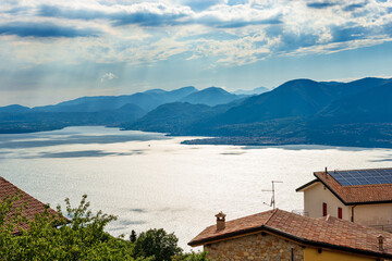Aerial view of Lake Garda (Lago di Garda) seen from the small village of San Zeno di Montagna,...