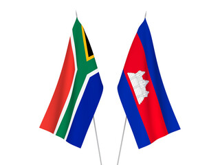 National fabric flags of Republic of South Africa and Kingdom of Cambodia isolated on white background. 3d rendering illustration.