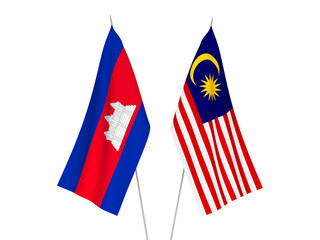 National fabric flags of Malaysia and Kingdom of Cambodia isolated on white background. 3d rendering illustration.