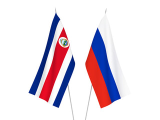 National fabric flags of Russia and Republic of Costa Rica isolated on white background. 3d rendering illustration.