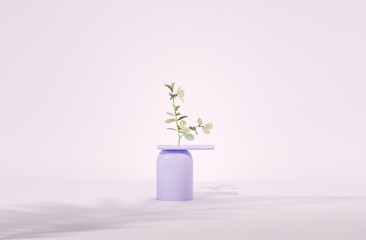 3D podium display, pastel purple and very peri background with rose flowers and palm leaf shadow. Minimal pedestal for beauty, cosmetic product. Valentine, feminine copy space template 3d render	