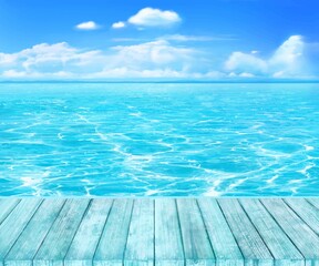 夏の太陽の光差し込む爽やかな雲のある青い空と海のゆらめく波の美しいフレームイラスト素材
