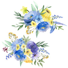 Hand painted Spring Floral Arrangement Set, Wildflowers Summer Border, Watercolor Blue and Yellow Flowers Bouquet Bundle, Hydrangea, Roses, Peony, Isolated on white, Wedding Moody Chic, Eco Design