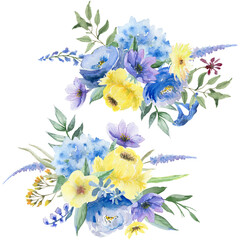 Wildflowers Summer Border, Hand painted Spring Floral Arrangement Set, Watercolor Blue and Yellow Flowers Bouquet Bundle, Hydrangea, Roses, Peony, Isolated on white, Wedding Moody Chic, Eco Design