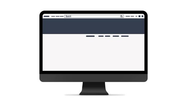 Animated Website Design Interface on Computer Display. Animation of Homepage with Overview Fields. Header, Search banner and Images Content. 4k Illustrative Video.