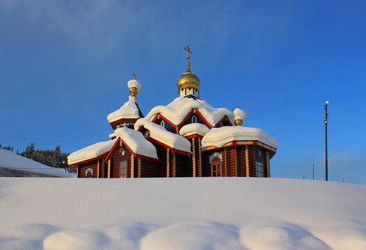 Orthodox St.Tikhon Church in the village of Baikit in the Evenki district of the Krasnoyarsk Territory. Russian