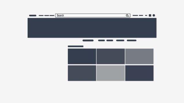 Website Design Interface Animation. Animated Template of Homepage with Overview Fields. Header, Search banner and Images Content. 4k Illustrative Video.