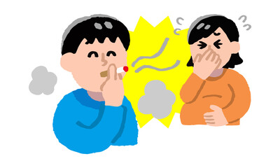 タバコを吸うスーツ男性と煙たがる妊婦