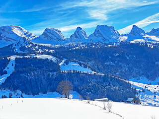 Snowy peaks of the Swiss alpine mountain range Churfirsten (Churfürsten or Churfuersten) in the Appenzell Alps massif - Alt St. Johann, Switzerland (Schweiz)