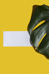Fototapeta na wymiar Invitation card mockup with monstera leaf on yellow background