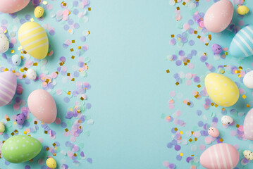 Top view photo of easter decorations different color easter eggs gold pink and lilac confetti on isolated pastel blue background with empty space in the middle