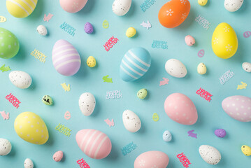 Top view photo of easter decorations inscriptions happy easter multicolored eggs and bunny...
