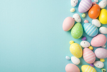 Top view photo of easter decorations multicolored easter eggs on isolated pastel blue background with copyspace
