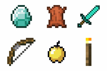 Set of Patterns of pixel objects. The concept of game weapons and items. Pixel pickaxe, sword, diamond, bread, iron, golden apple. Vector illustration EPS 10.