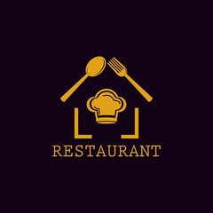 Restaurant logo. Chef hat cutlery illustration design forming a house with black background  © Syadudin