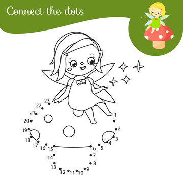 Cute garden fairy elf on mushroom. Connect the dots Children educational game. Dot to dot by numbers activity for kids and toddlers.