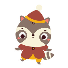 Cute raccoon in hat and coat. Cartoon animal character for kids and children