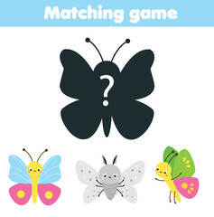 Shadow matching game for children. Kids activity with funny insects. Learning page for toddlers