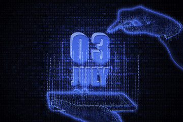 July 3rd. A hand holding a phone with a calendar date on a futuristic neon blue background. Day 3 of month.