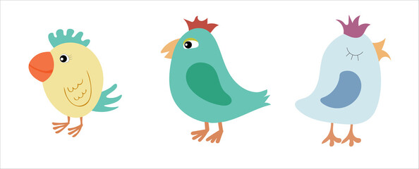 Three funny birds characters, flat chicks icons in color, a group of funky birds cartoons