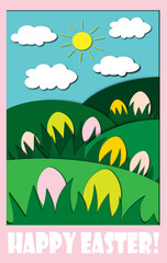 Fototapeta na wymiar Happy Easter card in papercut style, an egg hunting landscape, sunny day, greens grass, colorful eggs