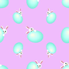 A cute seamless easter pattern with white bunnies hiding behind the eggs, a pink Easter background in pastel colors