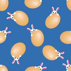 A cute seamless easter pattern with white bunnies hiding behind the eggs, blue Easter background