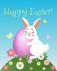 A happy Easter bunny hugging a huge egg, a bloomy green hill with a cute rabbit and a big Easter egg, a sweet bunny Easter card