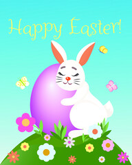 A happy Easter bunny hugging a huge egg, a bloomy green hill with a cute rabbit and a big Easter egg, a sweet bunny Easter card