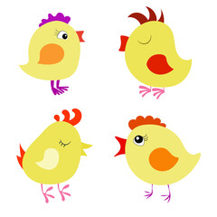 Cute little chicks collection, little funny bird cartoons set, a colored flat chick characters 