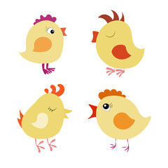 Cute little chicks collection, little funny bird cartoons set, a colored flat chick characters 