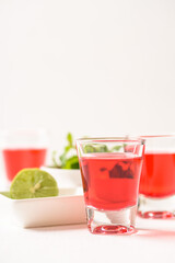 Fototapeta na wymiar Red tequila with lime and mint on white background, Tropical spring and summer vacation concept