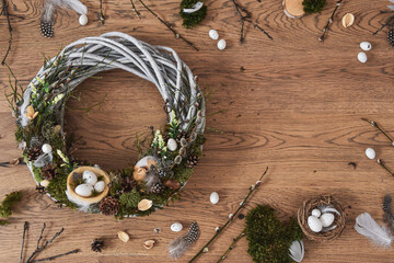 Wielkanoc, kartka świąteczna, wianek świąteczny, dekoracje wielkanocne. Easter, easter decorations, poster. © Anita