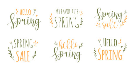 Vector inscriptions. Hello spring, spring sale, beloved spring. Vector isolated elements. Summer and spring flat flowers and leaves, twigs. Yellow and green minimalistic stylish lettering.