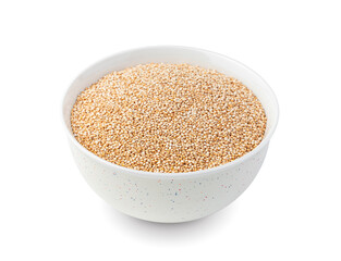 Useful quinoa seeds in a white cup are isolated on white. Side view, close-up.
