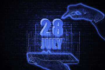 July 28th. A hand holding a phone with a calendar date on a futuristic neon blue background. Day 28 of month.