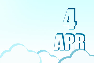 3d calendar with the date of 4 April on blue sky with clouds, copy space. 3D text. Illustration. Minimalism.