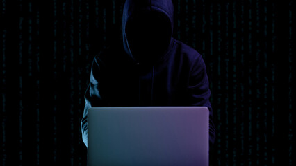 Cyber security hacker concept. Internet web hack technology. Digital laptop in hacker man hand...
