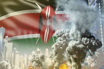 huge smoke pillar with fire in abstract city - concept of industrial catastrophe or act of terror on Kenya flag background, industrial 3D illustration