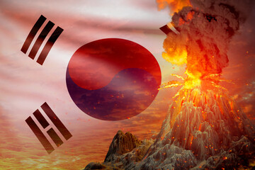 conical volcano eruption at night with explosion on Republic of Korea (South Korea) flag background, suffer from eruption and volcanic ash conceptual 3D illustration of nature